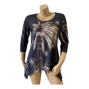 Sun Bay Top Womens Petite Small PS Palm Tree Rhinestone UPF 30 Sharkbite Hem